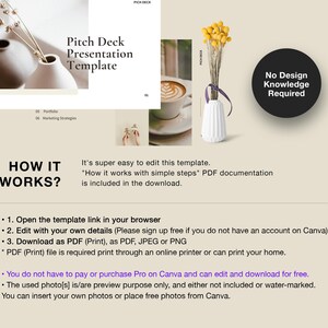 May include: A beige and white presentation template with the text "Pitch Deck Presentation Template" and "How It Works?"  The template is easy to edit and includes a PDF with simple steps.  The text "No Design Knowledge Required" is in a black circle.