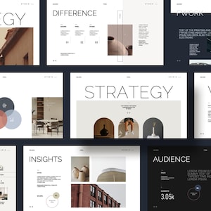 May include: A collection of minimalist design presentation slides with text and images. The slides feature titles like "STRATEGY", "DIFFERENCE", and "WELCOME". The color palette includes beige, white, and dark blue, with images of architecture, pottery, and interior design.