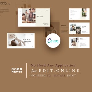 May include: A presentation template for a pitch deck with a beige background and a minimalist design. The template includes a title slide with the text "Pitch Deck Presentation Template" and a slide with the text "Our Team". The template is designed to be used with Canva.