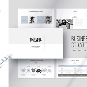 Peut inclure: Un modèle de présentation pour une stratégie d'entreprise, avec un schéma de couleurs gris et blanc. Le modèle comprend des diapositives pour une équipe de direction, une vision, des principes stratégiques et un plan d'action. Le texte "BUSINESS STRATEGY" est présenté sur la diapositive.
