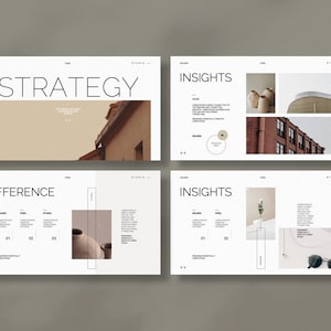 May include: Four slides from a presentation with the words "Strategy", "Insights", "Difference", and "Insights" in bold black text. The slides feature images of buildings, pottery, and a white t-shirt with a necklace and sunglasses.