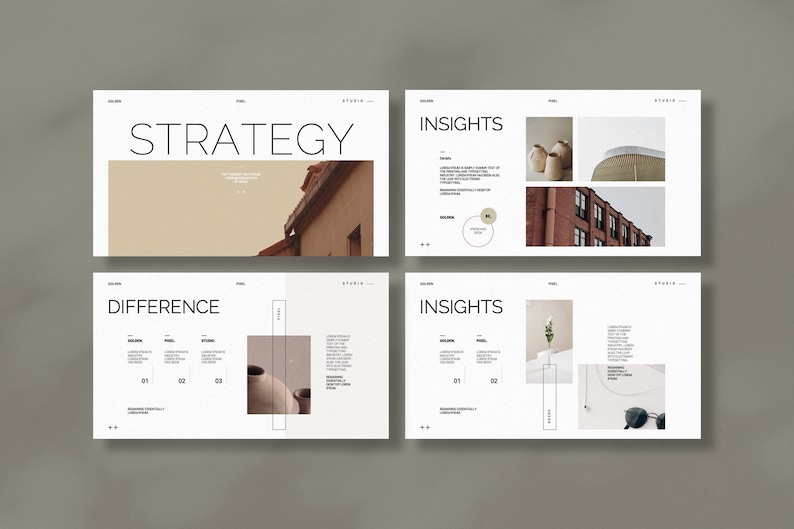May include: Four slides from a presentation with the words "Strategy", "Insights", "Difference", and "Insights" in bold black text. The slides feature images of buildings, pottery, and a white t-shirt with a necklace and sunglasses.