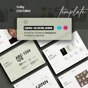 Könnte beinhalten: Ein Grafikdesign-Template mit dem Text "QINN-GUIDELINES" und "Fully Editable". Das Template enthält Beispiele für Typografie, Farbpaletten und Designelemente. Es ist für freiberufliche Designer, Kreative und Agenturen konzipiert.