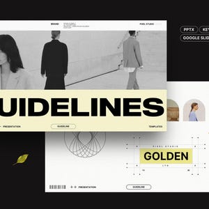May include: A presentation template design featuring the word "GUIDELINES" in large black letters on a light yellow background. The design includes images of people and the words "PPTX", "KEYNOTE", "GOOGLE SLIDE", and "IN DESIGN". The words "GOLDEN" and "25 Unique Slides" are also visible.
