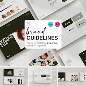 Könnte beinhalten: Eine Sammlung von Markenrichtlinien-Vorlagen mit verschiedenen Layouts und Designelementen. Im Mittelpunkt steht ein weißes Quadrat mit dem Text "brand GUIDELINES" und dem Slogan "Perfect for Freelance Designers, Creators & Agencies."