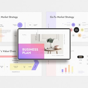 May include: A business plan template with a pink and purple gradient background. The text "BUSINESS PLAN" is in white text. The template includes a value chain diagram, a go-to-market strategy diagram, and a financial chart.
