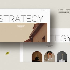 May include: A presentation template with the word "STRATEGY" in a minimalist font. The template features a photo of a building with a brown brick facade and a green leaf. The template is designed for use with PowerPoint, Keynote, and Google Slides. The text "27 Unique Slides" is also included.