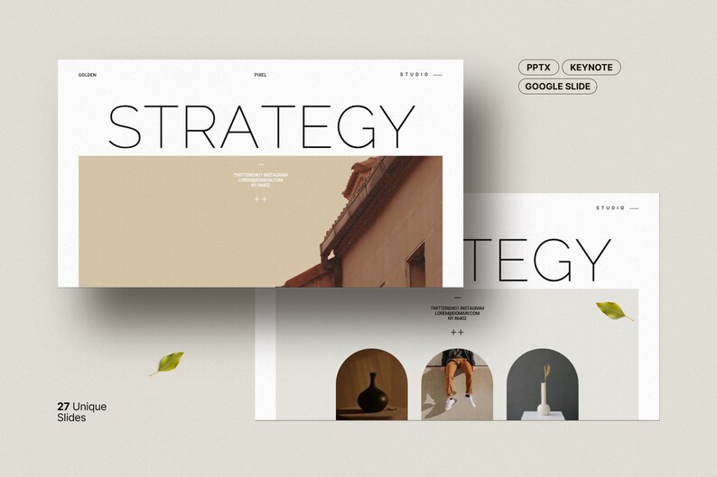 May include: A presentation template with the word "STRATEGY" in a minimalist font. The template features a photo of a building with a brown brick facade and a green leaf. The template is designed for use with PowerPoint, Keynote, and Google Slides. The text "27 Unique Slides" is also included.