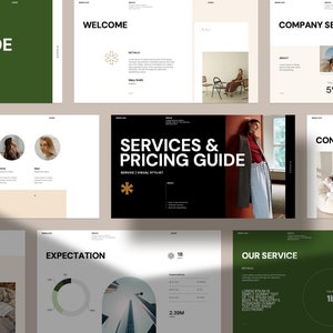 Könnte beinhalten: Ein Präsentationsleitfaden für einen visuellen Styling-Service. Der Leitfaden enthält Informationen über das Unternehmen, die Dienstleistungen, die Preise und die Erwartungen. Der Leitfaden zeigt ein Schwarzweißbild einer Frau, die einen langen Mantel und ein rotes Hemd trägt. Der Leitfaden zeigt auch einen grünen Hintergrund mit einem weißen Kreis und dem Text "Unser Service".