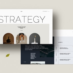 May include: A presentation slide with the word "STRATEGY" in large, bold, black font. The slide is divided into two sections. The top section features a white background with three arched shapes. The shapes contain images of a vase, a person sitting, and a vase with a flower. The bottom section features a black background with text and images. The text reads "TEXT OF THE PRINTING AND TYPESETTING INDUSTRY, LOREM IPSUM HAS BEEN ALSO THE LEAP INTO ELECTRONIC". The images are of a city skyline and a landscape. The second slide features a white background with the word "ELEMENTS" in black font. The slide is divided into three sections. Each section features a white background with a number and text. The text reads "REMAINING ESSENTIALLY DESKTOP SOFTWARE IPSUM".