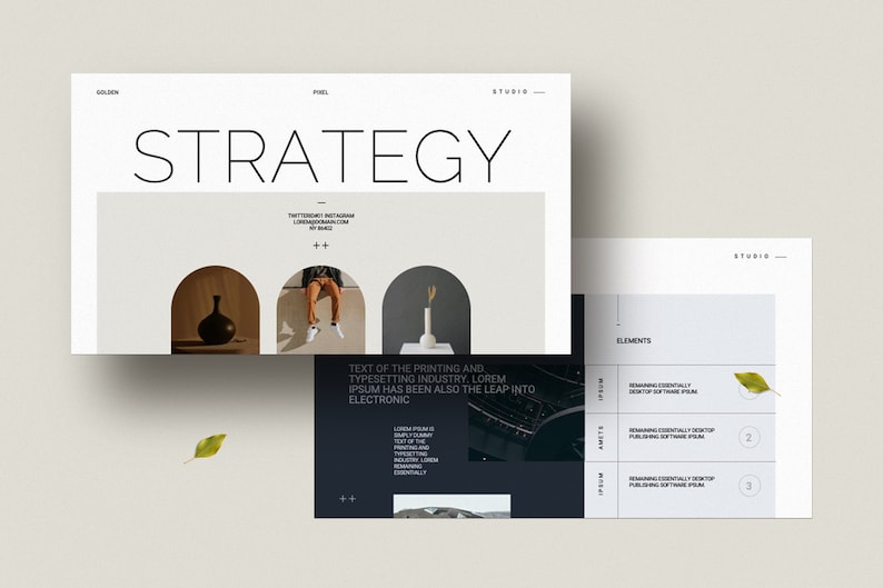 May include: A presentation slide with the word "STRATEGY" in large, bold, black font. The slide is divided into two sections. The top section features a white background with three arched shapes. The shapes contain images of a vase, a person sitting, and a vase with a flower. The bottom section features a black background with text and images. The text reads "TEXT OF THE PRINTING AND TYPESETTING INDUSTRY, LOREM IPSUM HAS BEEN ALSO THE LEAP INTO ELECTRONIC". The images are of a city skyline and a landscape. The second slide features a white background with the word "ELEMENTS" in black font. The slide is divided into three sections. Each section features a white background with a number and text. The text reads "REMAINING ESSENTIALLY DESKTOP SOFTWARE IPSUM".
