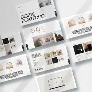 Puede incluir: Una colección de diapositivas de presentación de portafolio digital blancas con un diseño minimalista. Las diapositivas presentan imágenes, texto y gráficos. Las palabras "DIGITAL PORTFOLIO" se muestran en una diapositiva. Otro texto incluye "ESSENTIALLY UNCHANGED" y "ALDUS PAGEMAKER".