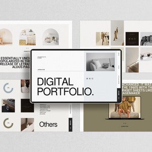 May include: A digital portfolio website with the text "DIGITAL PORTFOLIO." displayed on a laptop screen. The website features a variety of images, including interior design, fashion, and photography.