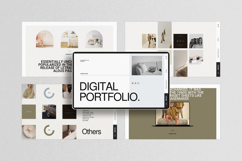 May include: A digital portfolio website with the text "DIGITAL PORTFOLIO." displayed on a laptop screen. The website features a variety of images, including interior design, fashion, and photography.