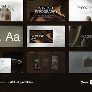 May include: A brand guideline presentation with 40 unique slides. The slides feature a minimalist design with a neutral color palette of beige, brown, and white. The slides include sections on brand guidelines, typography, imagery, and information. The presentation is designed for use with Canva, PowerPoint, and Google Slides.