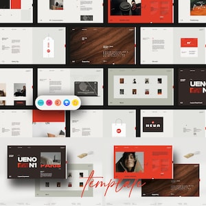 Könnte beinhalten: Eine Sammlung digitaler Designvorlagen mit modernem Erscheinungsbild. Die Layouts zeichnen sich durch ein minimalistisches Design mit einem rot-weißen Farbschema aus. Verschiedene Mockups umfassen Website-Designs, Moodboards und Branding-Elemente.