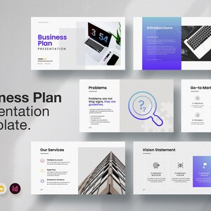 May include: A business plan presentation template with over 110 unique slides. The slides feature a laptop, charts, and diagrams. The template includes sections for introductions, problems, and go-to-market strategy. The title is "Business Plan Presentation Template."
