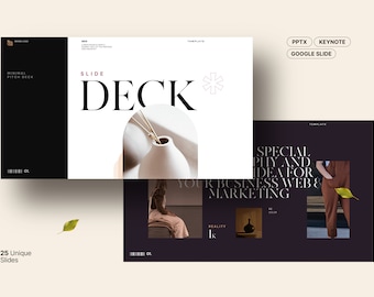 May include: A minimalist presentation template with a white background and black text. The text says "Slide Deck". The image also includes a white ceramic vase with a gold top and a brown leaf.