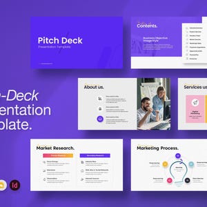 Puede incluir: Una plantilla de presentación llamada "Pitch Deck" con más de 120 diapositivas únicas. El diseño presenta un fondo púrpura con varios ejemplos de diapositivas, incluyendo "Contents", "About us" y "Services us". La plantilla está disponible en múltiples formatos de archivo.