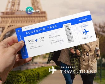 Peut inclure: Un billet d'embarquement bleu et blanc avec le texte "BOARDING PASS" et "AIR TICKET". Le billet indique un vol de NYC à LCY, avec une date du 30 août 2024. Le texte "EDITABLE TRAVEL TICKET" est également visible.