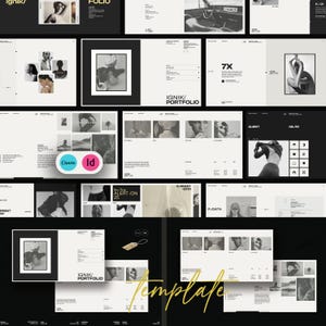 Puede incluir: Una colección de plantillas de diseño web en blanco y negro, con la palabra "Template" en escritura amarilla. Los diseños incluyen diseños de portafolios, exhibiciones de fotos y elementos de texto. La palabra "Ignik" es visible.