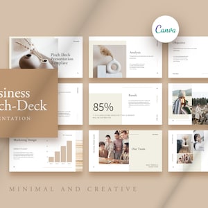 Pode incluir: Um modelo de apresentação de pitch deck empresarial minimalista com um fundo bege. O modelo apresenta uma variedade de slides, incluindo um slide de título, um slide de objetivo, um slide de análise, um slide de resultados, um slide de equipe e um slide de história da marca. Os slides são decorados com gráficos e texto simples.