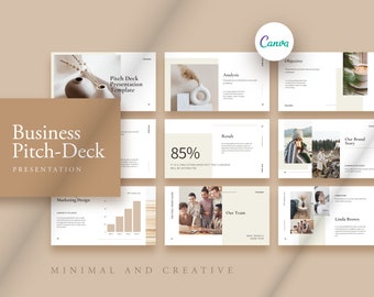 Peut inclure: Un modèle de présentation de pitch deck d'entreprise minimaliste avec un fond beige. Le modèle comprend une variété de diapositives, notamment une diapositive de titre, une diapositive d'objectif, une diapositive d'analyse, une diapositive de résultat, une diapositive d'équipe et une diapositive d'histoire de la marque. Les diapositives sont décorées de graphiques et de texte simples.