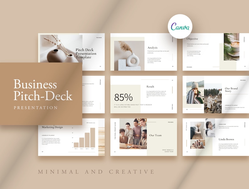 May include: A minimalist business pitch deck presentation template with a beige background. The template features a variety of slides, including a title slide, an objective slide, an analysis slide, a result slide, a team slide, and a brand story slide. The slides are decorated with simple graphics and text.