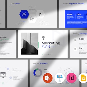 Könnte beinhalten: Eine Marketingplan-Präsentationsvorlage mit einem blau-weißen Farbschema. Die Vorlage enthält eine Vielzahl von Diagrammen und Grafiken sowie Textfelder zum Hinzufügen von Informationen. Die Vorlage soll Unternehmen dabei helfen, professionelle und effektive Marketingpläne zu erstellen.