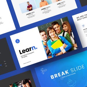 May include: A collection of educational PowerPoint templates with a blue and white color scheme. The slides feature text, graphics, and photos of students. One slide says "Learn." and another says "Break Slide."