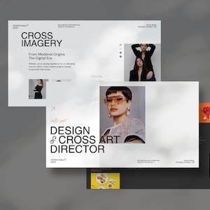 Op de afbeelding: Een digitale design portfolio-indeling met de tekst "CROSS IMAGERY" en "DESIGN & CROSS ART DIRECTOR". Het ontwerp bevat afbeeldingen van mensen en een gele voedselafbeelding. De achtergrond is een verloop van wit en grijs.
