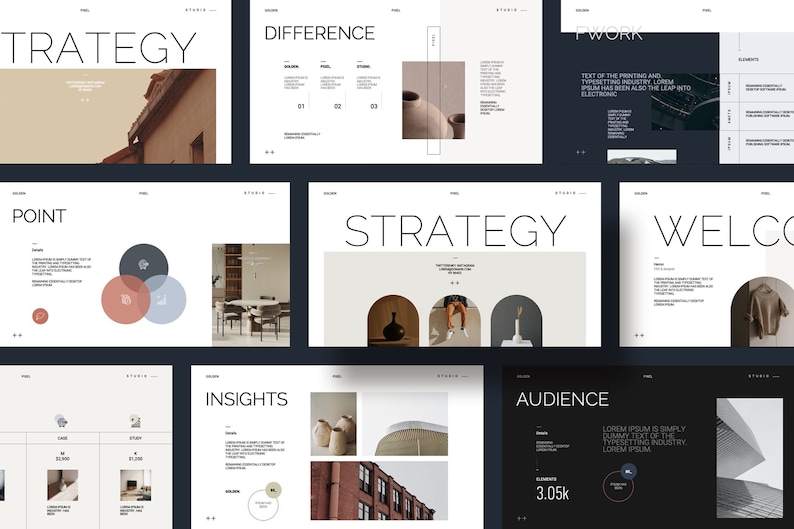 May include: A presentation slide deck with a minimalist design featuring images of interior design, architecture, and pottery. The slides include text such as "Strategy", "Difference", "Point", "Work", "Welcome", "Insights", "Audience", and "3.05k".