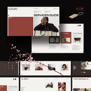 Könnte beinhalten: Ein Service-Guide mit dem IGNIK-Logo, der eine Frau mit einer Tragetasche zeigt. Der Guide enthält Abschnitte zu The Premium und Custom Packages, mit einem Etikett und einem Zweig mit rosa Blüten. Der Text lautet "WHY LOVE? BECAUSE LOVE BRINGS JOY TO PEOPLE'S LIVES."
