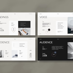 May include: Four slides from a presentation with a white background and black text. The slides are titled "Findings", "Voice", "Audience", and "Audience". The "Findings" slide has a black and white image of a laptop and a phone on a white surface. The "Voice" slide has a black and white image of a building with a circular window. The first "Audience" slide has a black and white image of a building with a tall, narrow window. The second "Audience" slide has a black and white image of a building with a large, circular window. Each slide has a number of elements, including text, images, and charts.