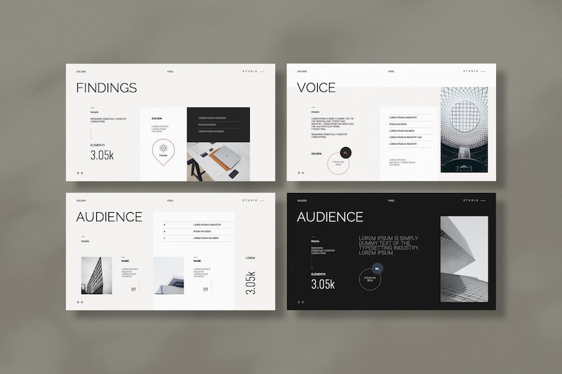 May include: Four slides from a presentation with a white background and black text. The slides are titled "Findings", "Voice", "Audience", and "Audience". The "Findings" slide has a black and white image of a laptop and a phone on a white surface. The "Voice" slide has a black and white image of a building with a circular window. The first "Audience" slide has a black and white image of a building with a tall, narrow window. The second "Audience" slide has a black and white image of a building with a large, circular window. Each slide has a number of elements, including text, images, and charts.