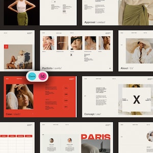 Könnte beinhalten: Eine Sammlung von Design-Portfolio-Seiten in Rot und Weiß. Die Seiten enthalten die Texte "Case / study!", "Portfolio / works!", "Concept / one!" und "About / Us!". Die Logos von Canva und Id sind ebenfalls zu sehen.