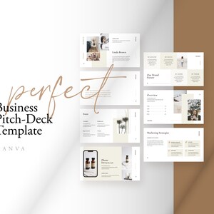 May include: A minimalist business pitch deck template designed for Canva. The template features a neutral color palette with beige and white backgrounds. The slides include text boxes, images, and icons. The template is perfect for businesses looking to create a professional and modern pitch deck.
