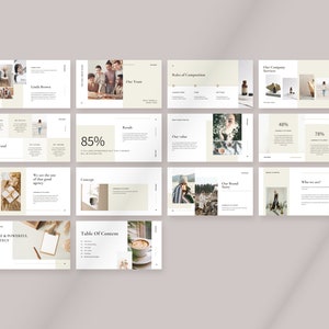 May include: A presentation slide deck with a beige background and white text. The slides feature images of people, products, and text about a brand's strategy, team, values, and services. The text includes the words "Our Brand Story", "Our Team", "Our Value", "Our Company Services", "Simple & Powerful Strategy", "Concept", "Table of Content", "85%", "48%", "78%", and "Who we are?"