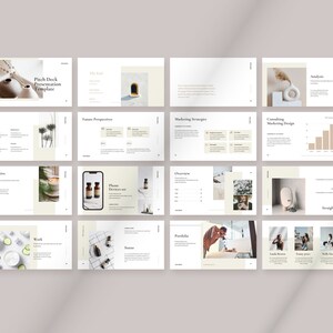 May include: A presentation template for a pitch deck with a minimalist aesthetic. The slides feature a neutral color palette with beige, white, and brown tones. The slides include text, images, and charts. The text includes the words "Pitch Deck Presentation Template", "Vision", "Objective", "Week", "Future Perspectives", "Marketing Strategies", "Consulting Marketing Design", "Analysis", "Overview", "Portfolio", "Team", "Strengths Made", "Linda Brown", "Jenny Price", "Sally Jones", and "Phase Devices Set".