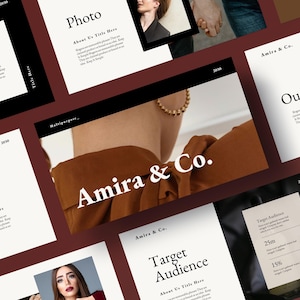 Könnte beinhalten: Eine Sammlung von Präsentationsfolien mit einem weinroten Hintergrund. Die Folien zeigen den Text "Amira & Co." und Überschriften wie "Unsere Ziele" und "Zielgruppe". Die Folien enthalten auch Bilder von Personen und Textfelder.