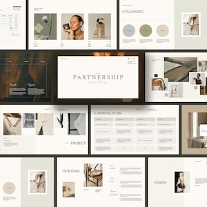 May include: A collection of presentation slides with a neutral color palette. The slides feature text, charts, and images, including the word "PARTNERSHIP" and the text "Simple Drang". The overall theme is business and planning.