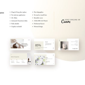 May include: A minimalist presentation template with a beige background and a light brown color scheme. The template features a variety of slides, including a title slide, a slide with a photo of a vase and flowers, a slide with a photo of a bottle of essential oil, and a slide with a photo of a bowl of cucumbers. The template also includes text boxes, charts, and graphs. The text on the slides includes the words "Pitch Deck Presentation Template" and "85%".