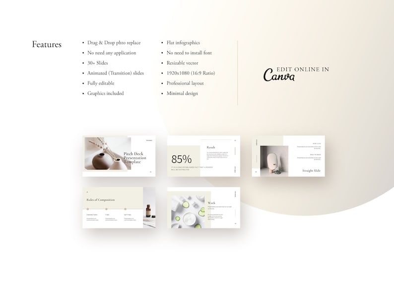 May include: A minimalist presentation template with a beige background and a light brown color scheme. The template features a variety of slides, including a title slide, a slide with a photo of a vase and flowers, a slide with a photo of a bottle of essential oil, and a slide with a photo of a bowl of cucumbers. The template also includes text boxes, charts, and graphs. The text on the slides includes the words "Pitch Deck Presentation Template" and "85%".