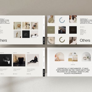 May include: Four white pages with black text and images. The text on the pages reads "Essentially unchanged, it was popularized in the 1960s with the release of Letraset sheets like Aldus Pagemaker." and "Others". The images are of various objects, including a pineapple, a cup of coffee, a person, and a car.