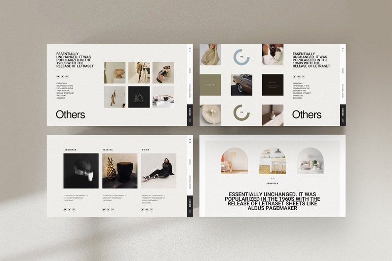 May include: Four white pages with black text and images. The text on the pages reads "Essentially unchanged, it was popularized in the 1960s with the release of Letraset sheets like Aldus Pagemaker." and "Others". The images are of various objects, including a pineapple, a cup of coffee, a person, and a car.