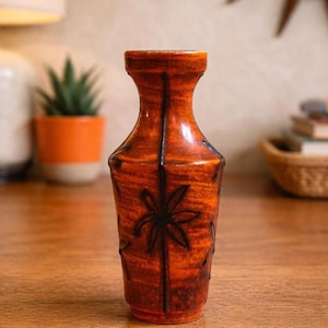 orange 70s Keramik Vase West Germany mit grafischem Muster