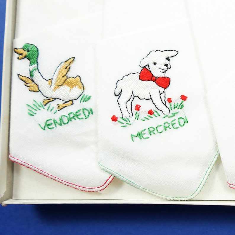 Orig Box 60s children handkerchiefs with animals embroidered French weekdays