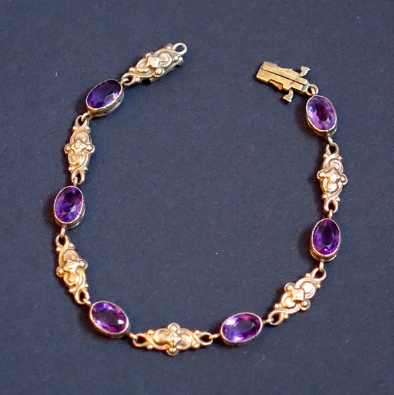 Vintage bracelet with 6 dark amethysts, gold-plat… - image 1
