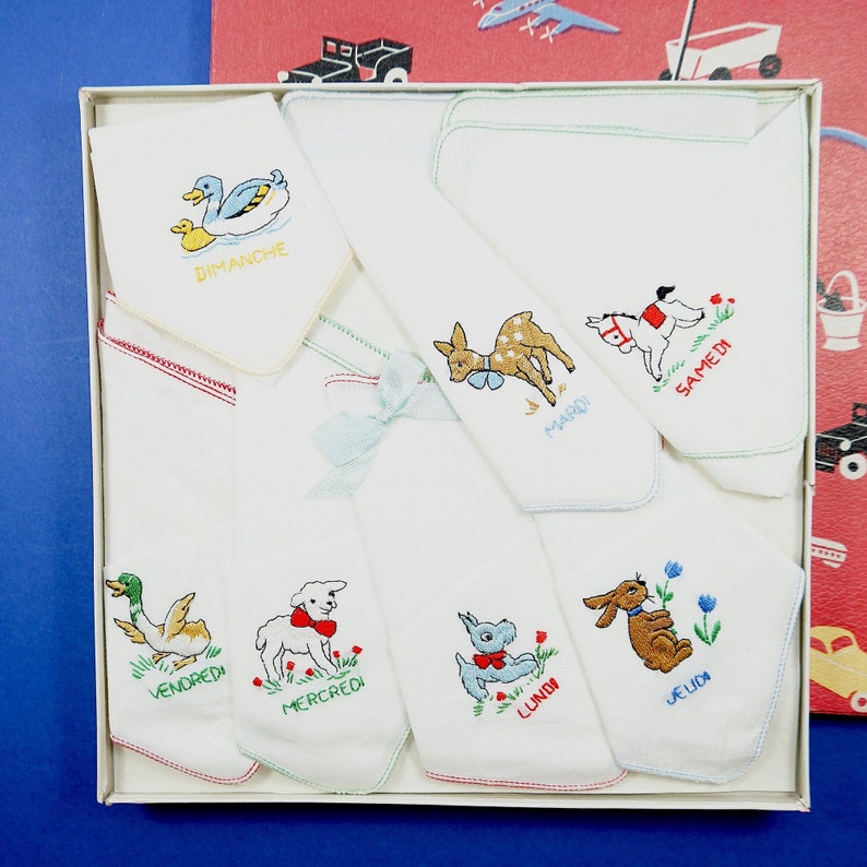 Orig Box 60s children handkerchiefs with animals embroidered French weekdays
