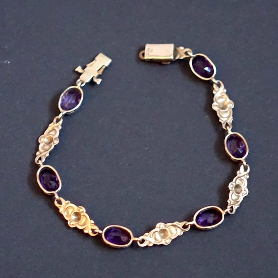 Vintage bracelet with 6 dark amethysts, gold-plat… - image 2